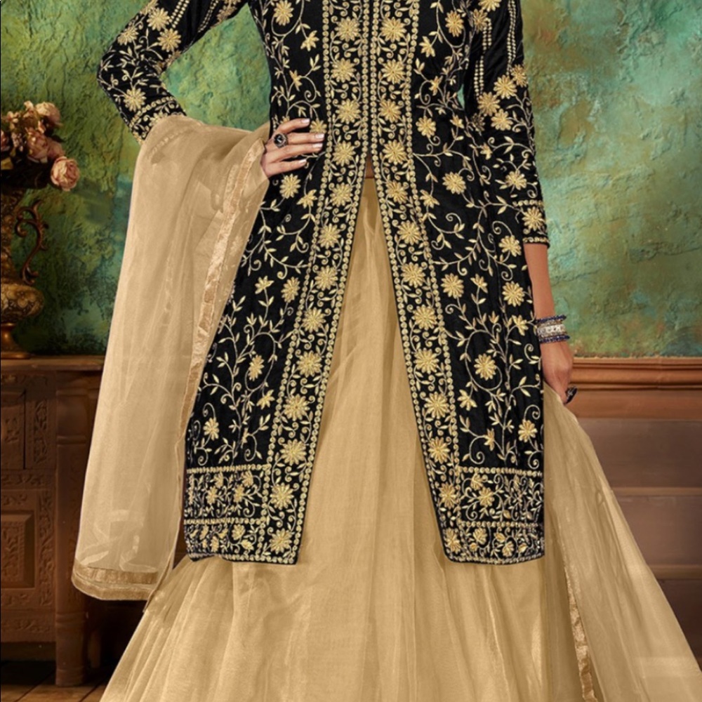 Exquisite gold embroidered lehenga & long kameez